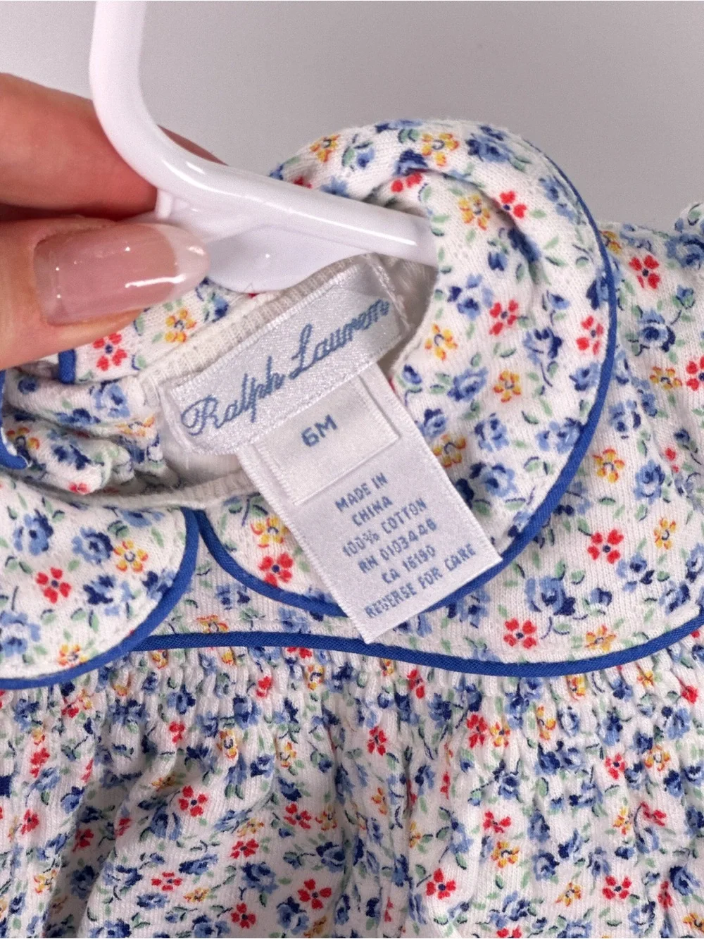 Ralph Lauren Baby Dress Smocked Peter Pan Collar Floral White Blue 6M